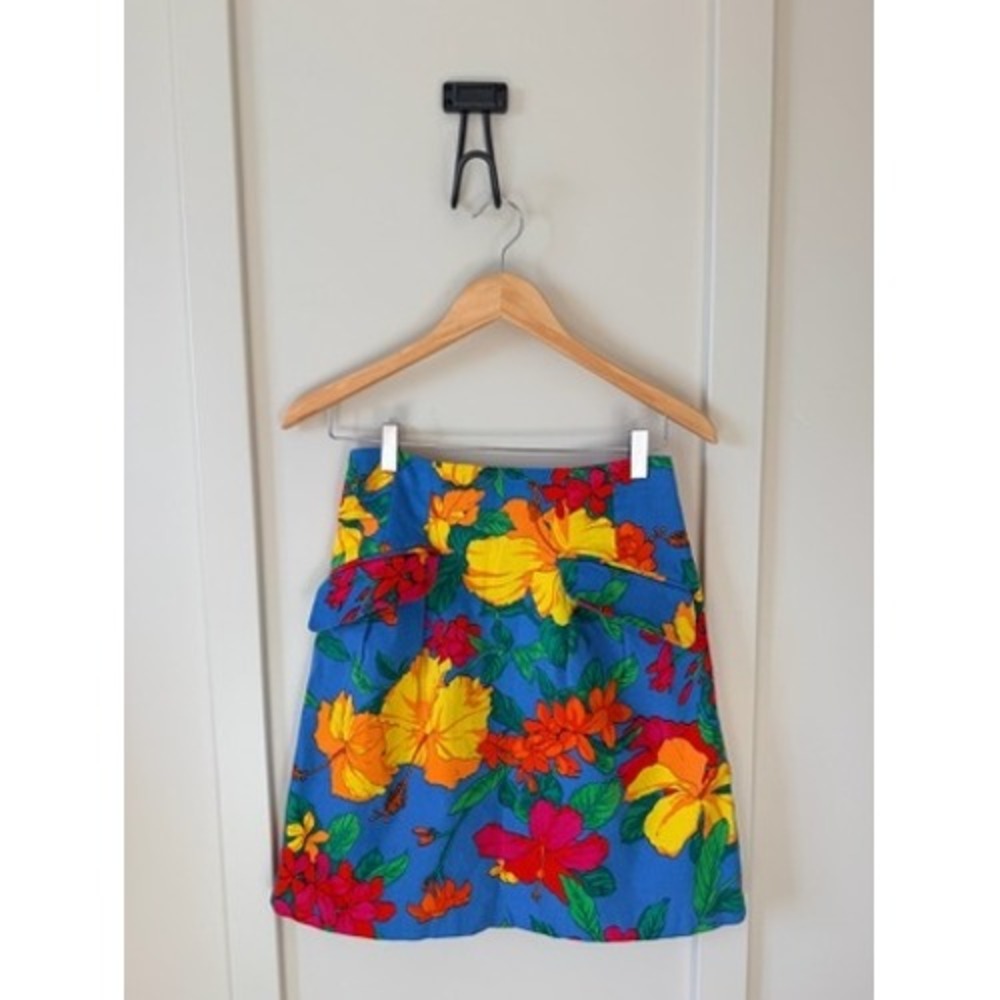 Nanette Lepore Blue Tropical Hibiscus Floral Mini Skirt Size 2 Cotton Blend